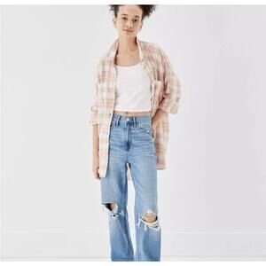 American Eagle Sz L Shirt Oversized Linen Plaid Button Up Boho Relaxed Fit Top